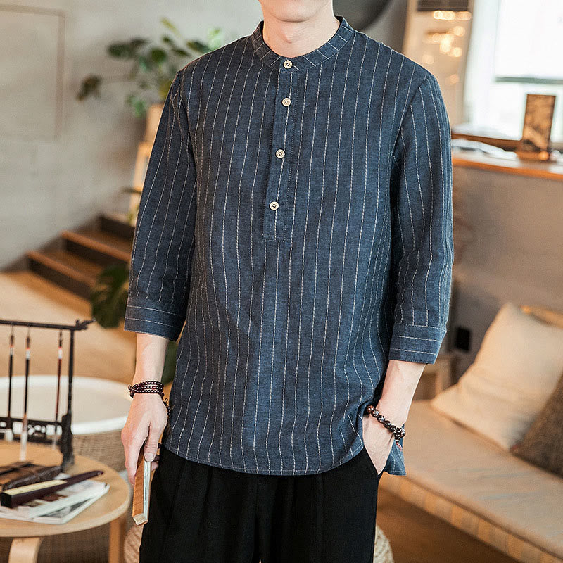 Half Button Striped Three Quarter Sleeves Linen Men's Shirt
