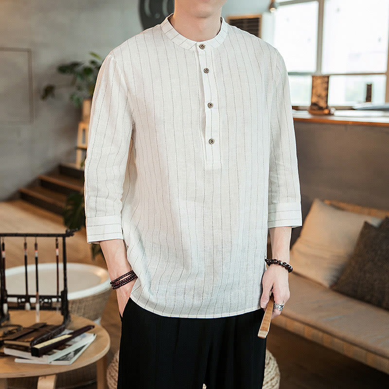 Half Button Striped Three Quarter Sleeves Linen Men's Shirt