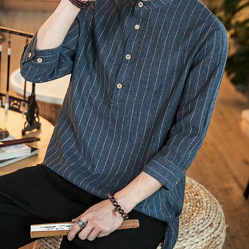 Half Button Striped Three Quarter Sleeves Linen Men's Shirt