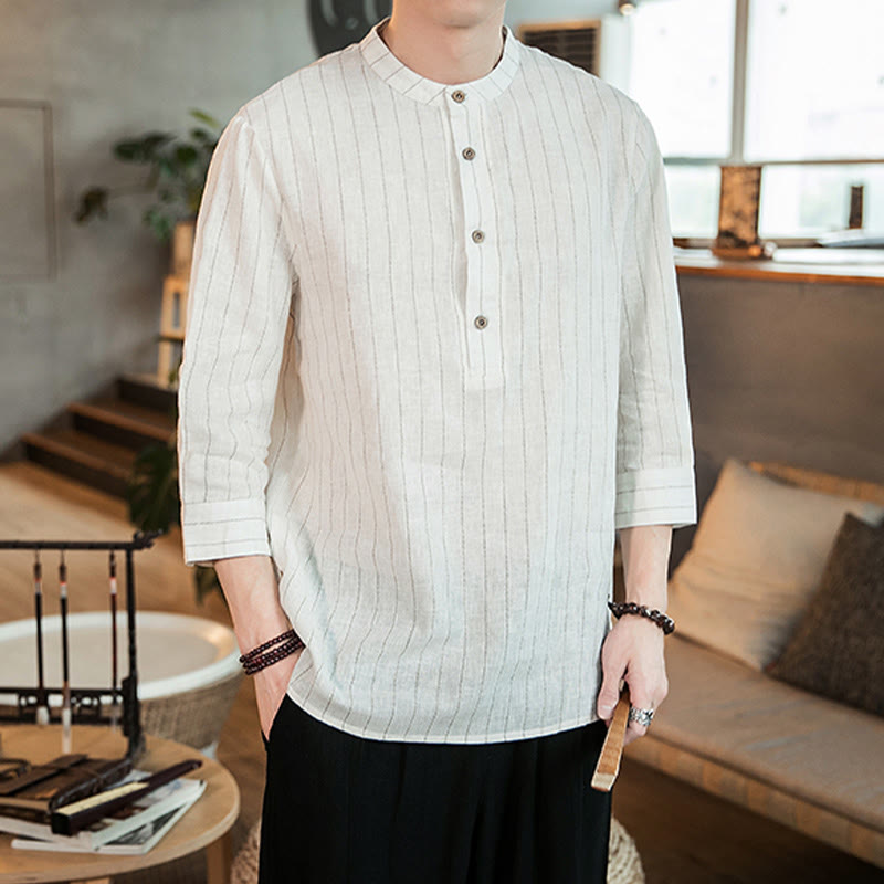 Half Button Striped Three Quarter Sleeves Linen Men's Shirt