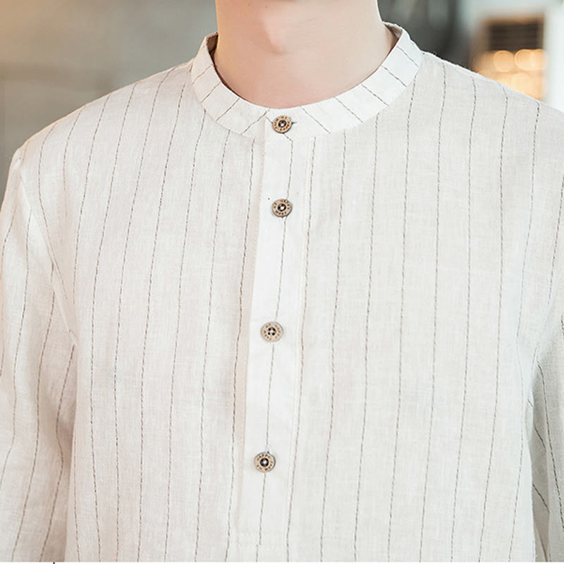 Half Button Striped Three Quarter Sleeves Linen Men's Shirt