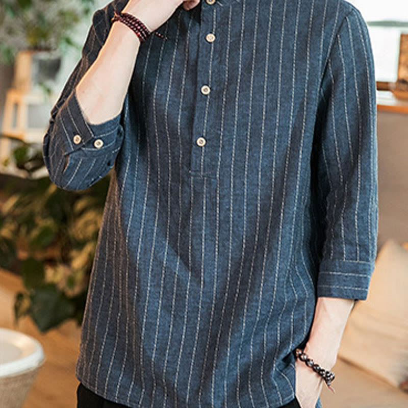 Half Button Striped Three Quarter Sleeves Linen Men's Shirt