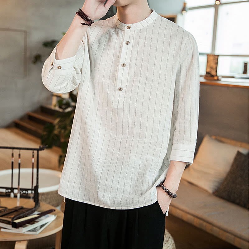Half Button Striped Three Quarter Sleeves Linen Men's Shirt