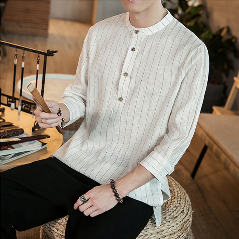 Half Button Striped Three Quarter Sleeves Linen Men's Shirt