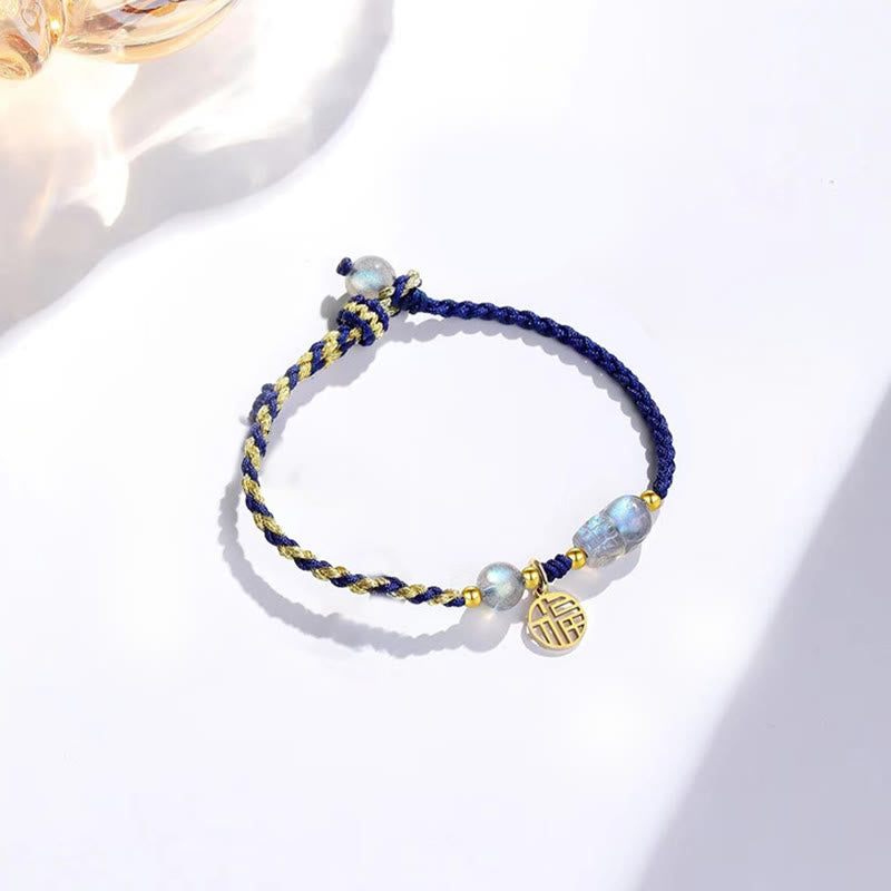 Moonstone PiXiu Blue Tiger Eye Fu Character Healing Couple String Bracelet