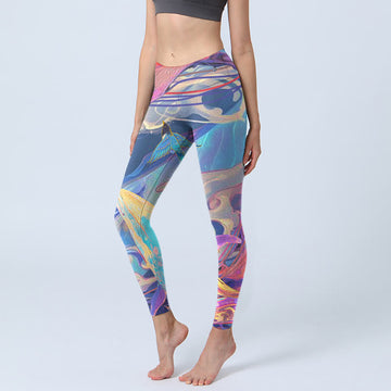 Whales Swallows Waves Print Gym Leggings Women's Yoga Pants