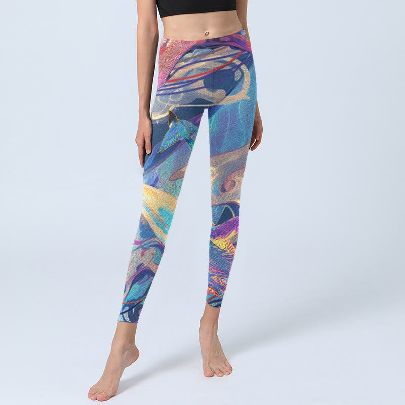Whales Swallows Waves Print Gym Leggings Women's Yoga Pants
