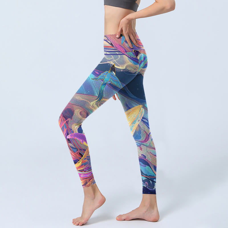 Whales Swallows Waves Print Gym Leggings Women's Yoga Pants