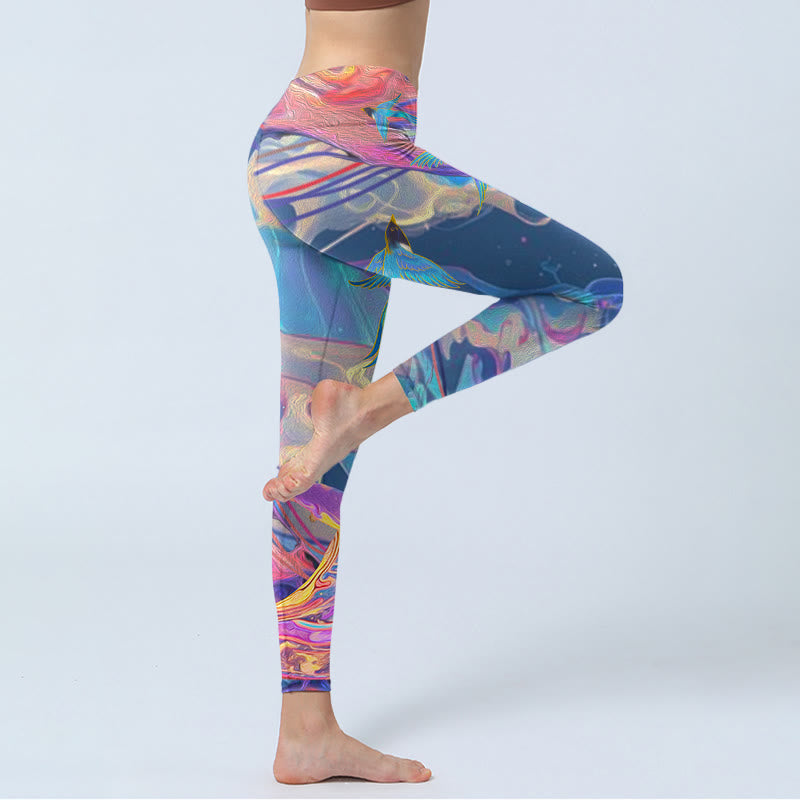 Whales Swallows Waves Print Gym Leggings Women's Yoga Pants