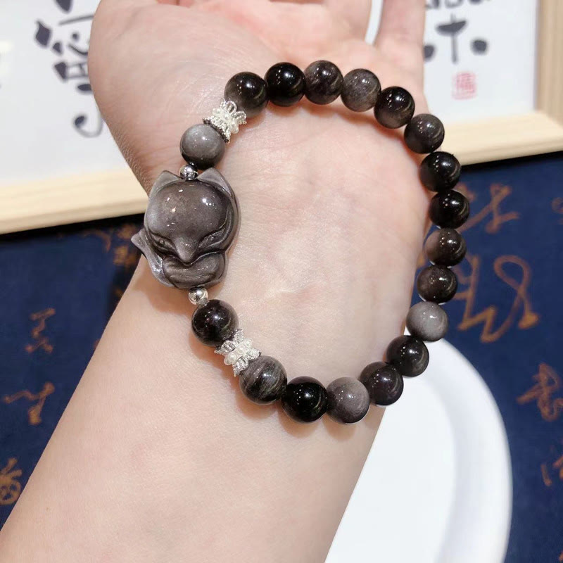 Shimmering Silver Sheen Obsidian Nine-Tailed Fox Beaded Bracelet