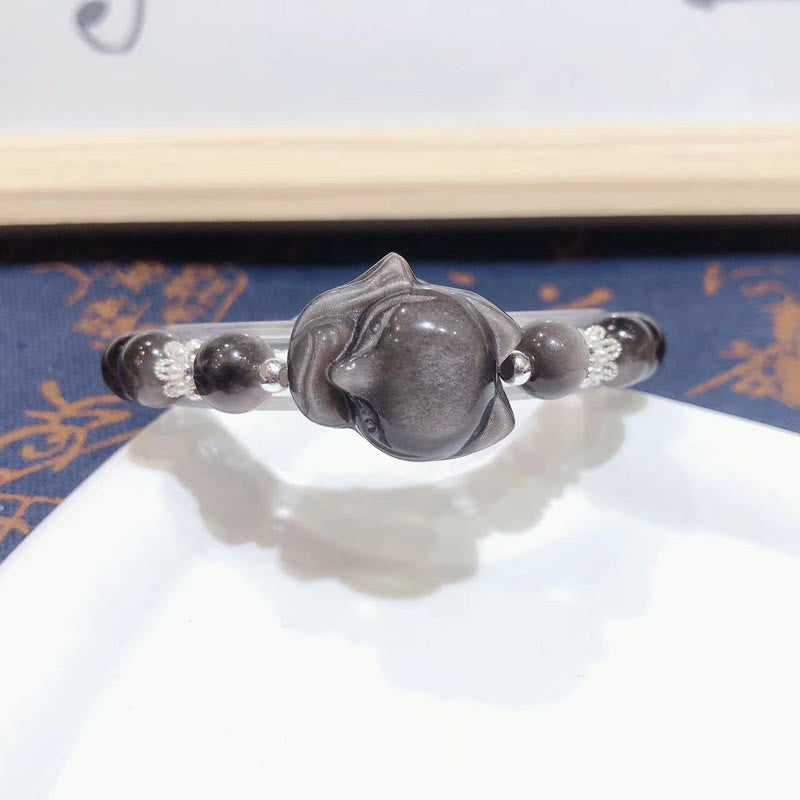 Shimmering Silver Sheen Obsidian Nine-Tailed Fox Beaded Bracelet