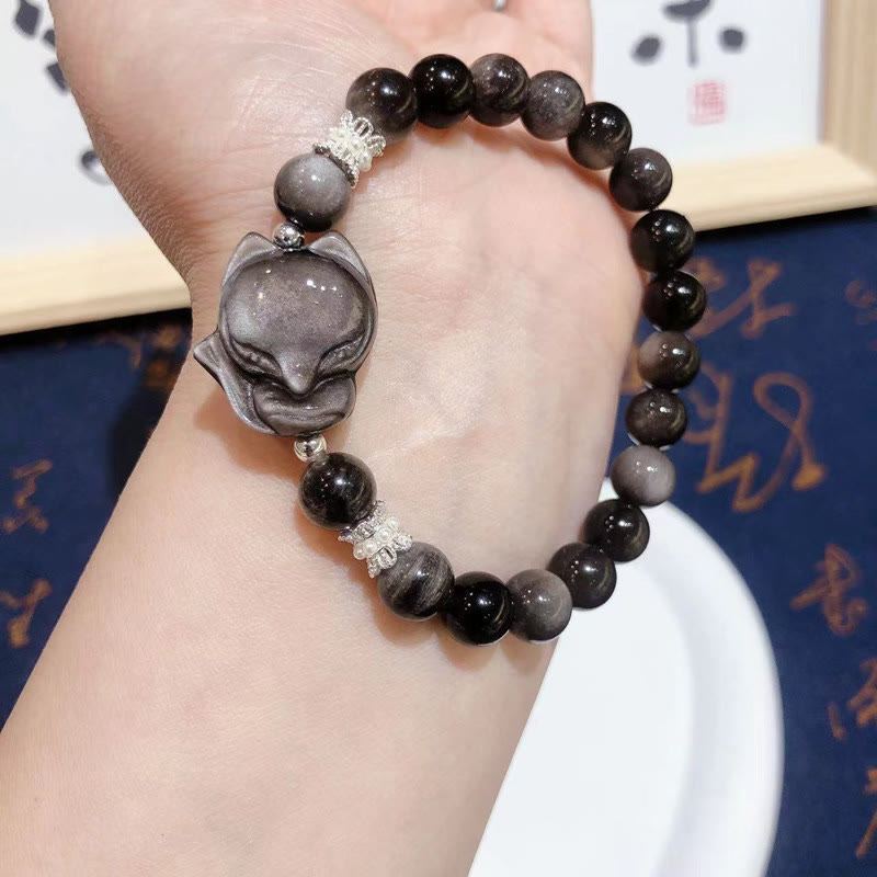 Shimmering Silver Sheen Obsidian Nine-Tailed Fox Beaded Bracelet