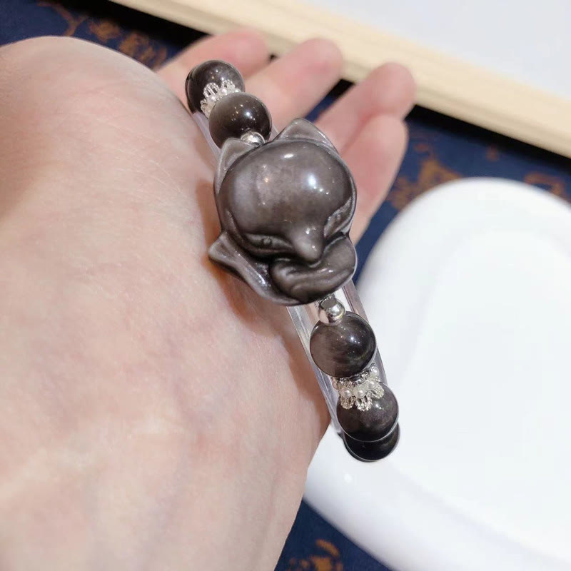 Shimmering Silver Sheen Obsidian Nine-Tailed Fox Beaded Bracelet