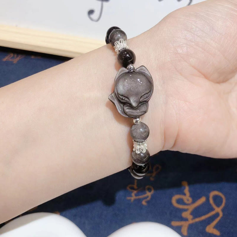Shimmering Silver Sheen Obsidian Nine-Tailed Fox Beaded Bracelet
