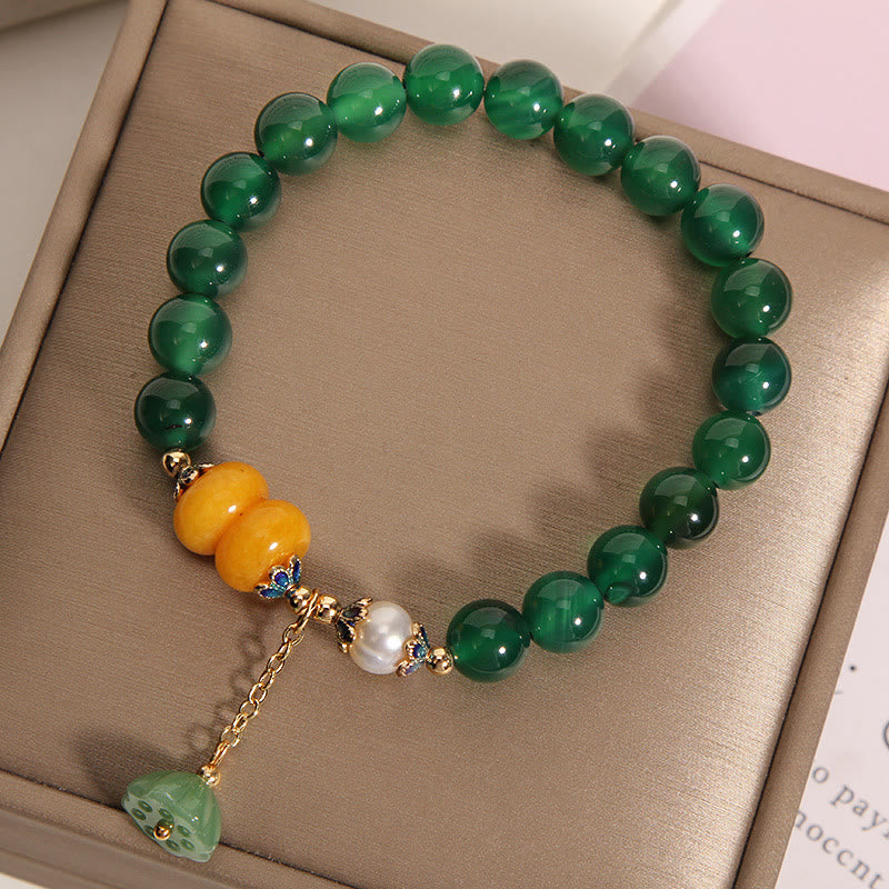 Green Agate Amber Pearl Lotus Pod Support Bracelet