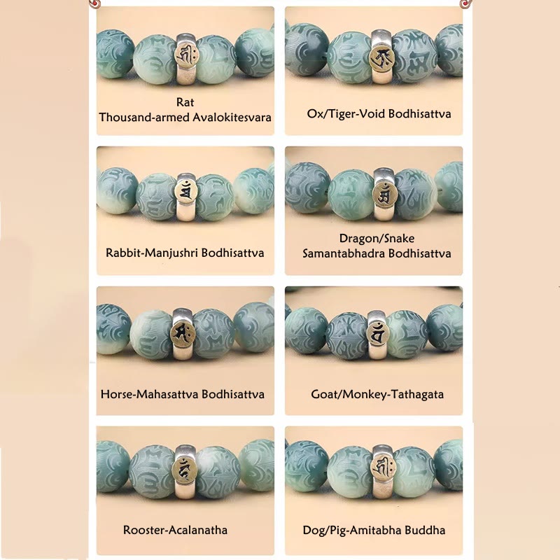 Engraved Bodhi Seed Om Mani Padme Hum Mantra Chinese Zodiac Patron Buddha Bracelet