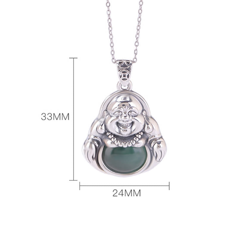999 Sterling Silver Laughing Buddha Cyan Jade Lotus Success Necklace Chain Pendant