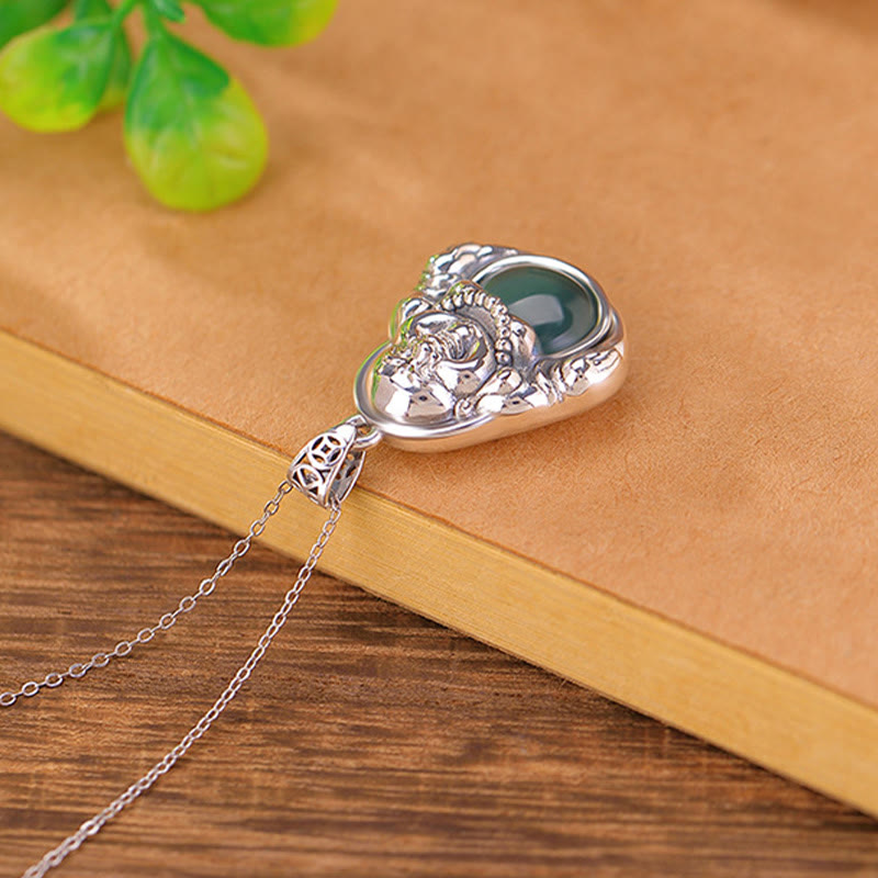999 Sterling Silver Laughing Buddha Cyan Jade Lotus Success Necklace Chain Pendant