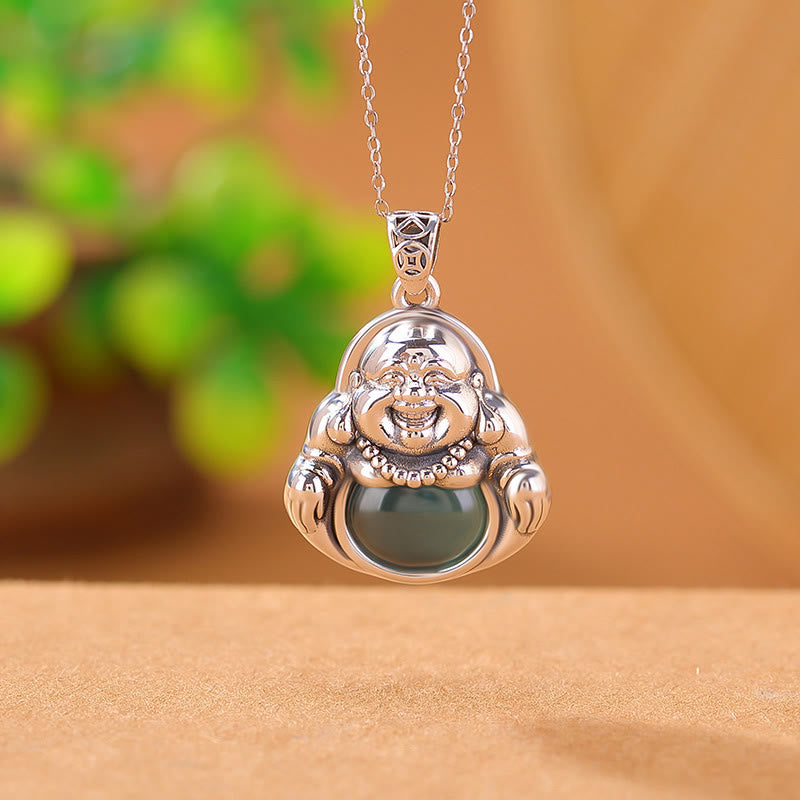 999 Sterling Silver Laughing Buddha Cyan Jade Lotus Success Necklace Chain Pendant
