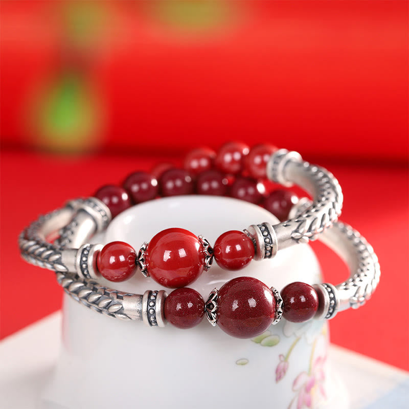 999 Sterling Silver Cinnabar Wheat Ears Blessing Bracelet Bangle