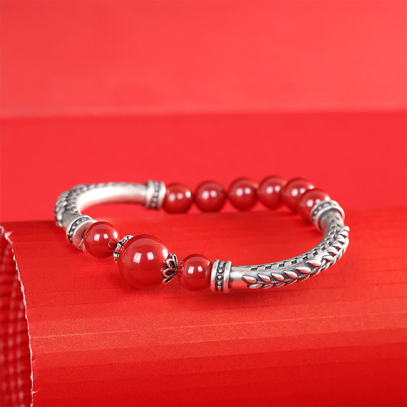999 Sterling Silver Cinnabar Wheat Ears Blessing Bracelet Bangle