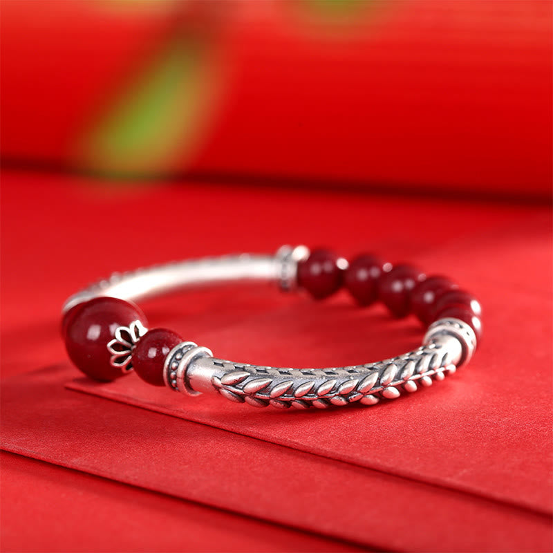 999 Sterling Silver Cinnabar Wheat Ears Blessing Bracelet Bangle