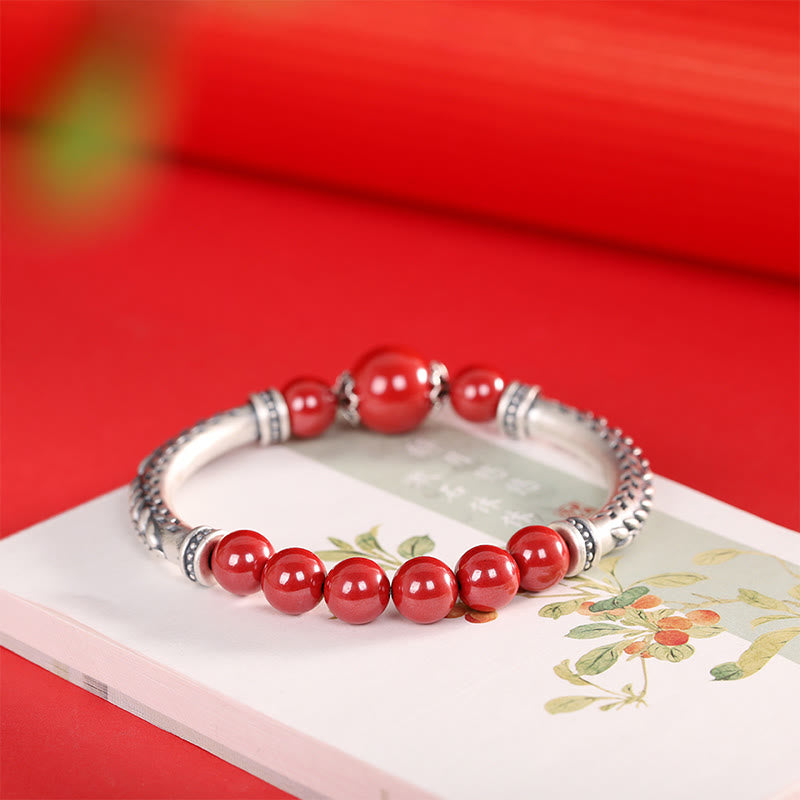 999 Sterling Silver Cinnabar Wheat Ears Blessing Bracelet Bangle