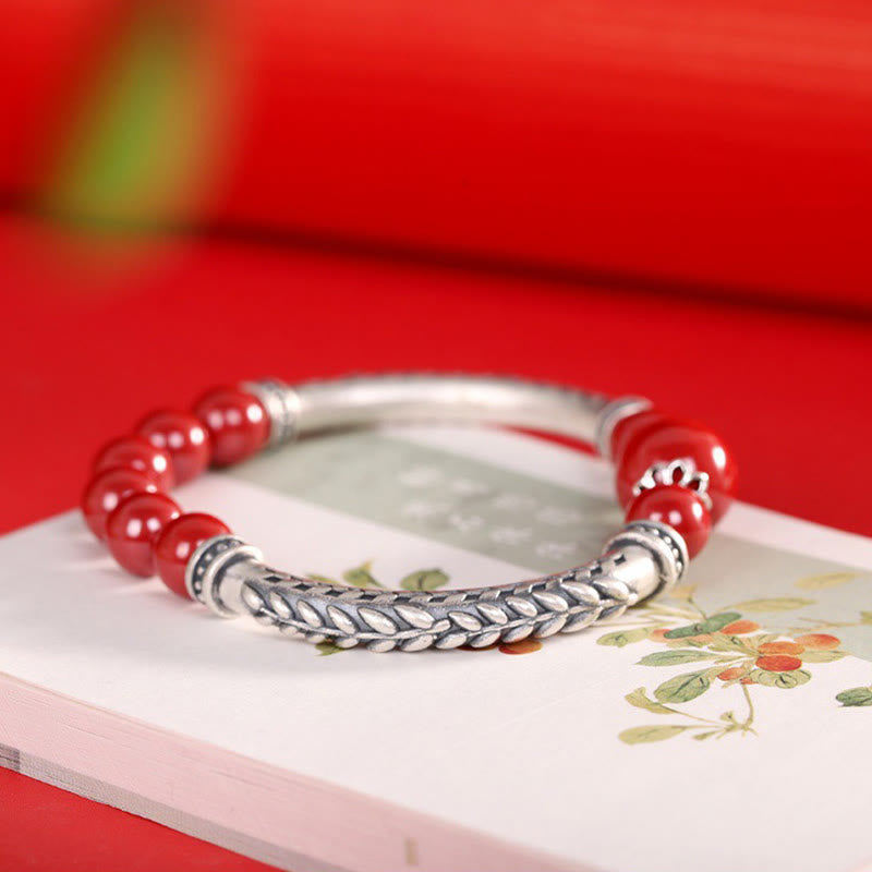 999 Sterling Silver Cinnabar Wheat Ears Blessing Bracelet Bangle