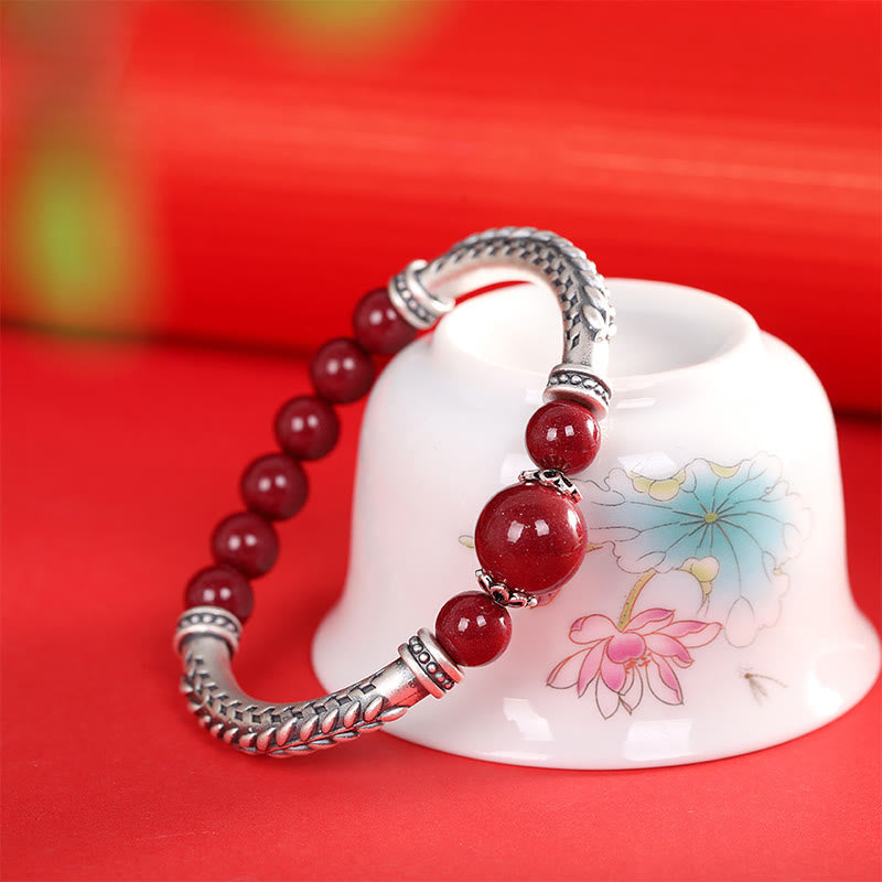 999 Sterling Silver Cinnabar Wheat Ears Blessing Bracelet Bangle
