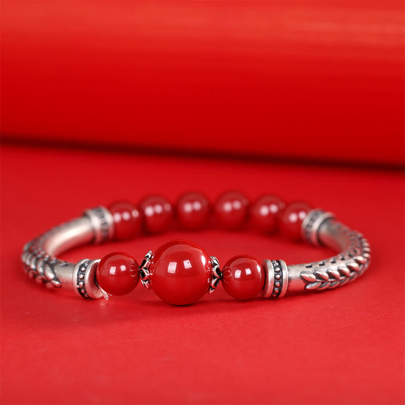 999 Sterling Silver Cinnabar Wheat Ears Blessing Bracelet Bangle
