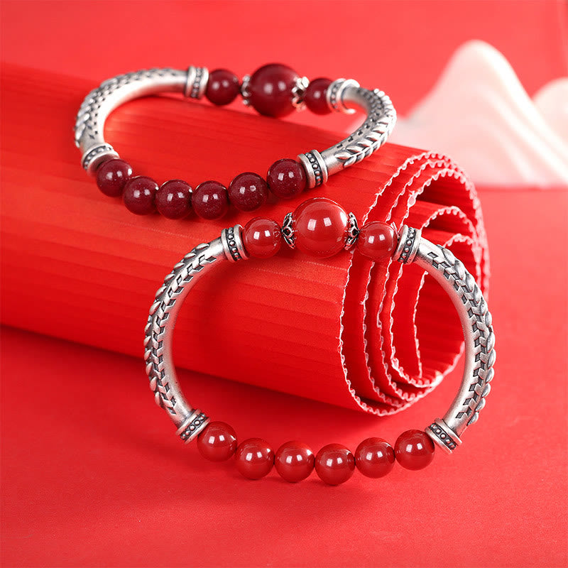 999 Sterling Silver Cinnabar Wheat Ears Blessing Bracelet Bangle
