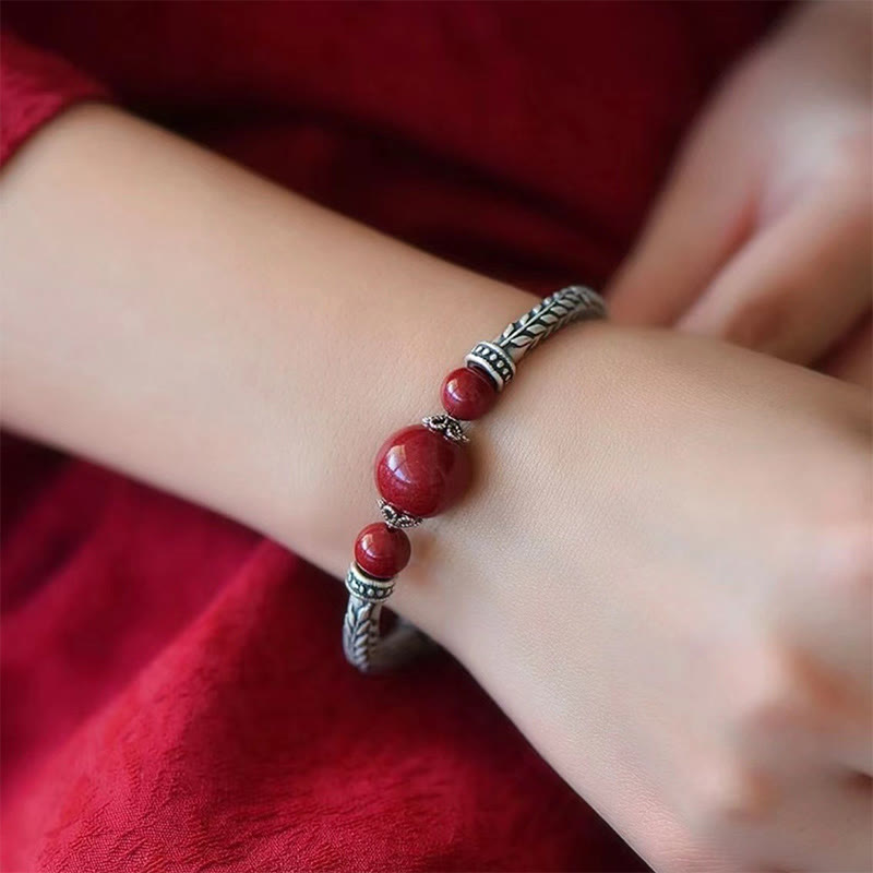 999 Sterling Silver Cinnabar Wheat Ears Blessing Bracelet Bangle