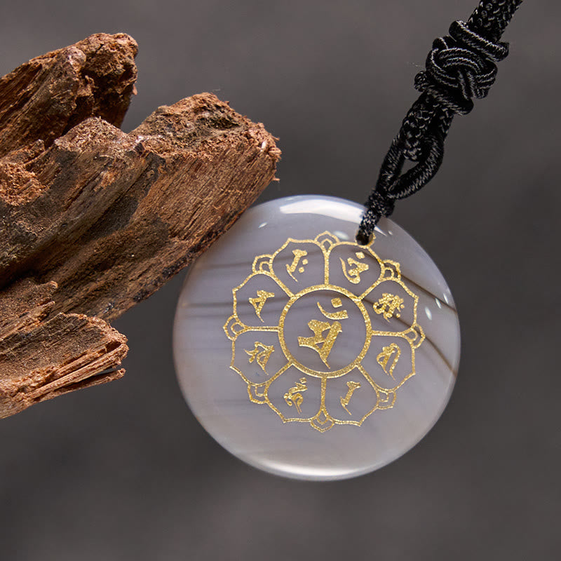 Om Mani Padme Hum Natural Various Crystal Black Obsidian Strength Necklace Pendant