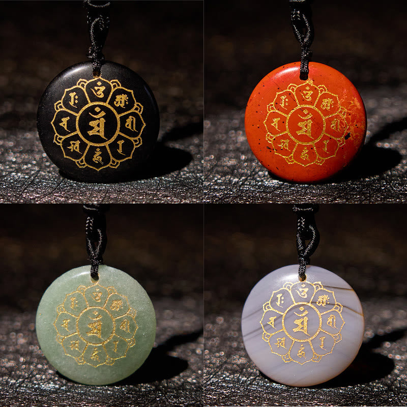 Om Mani Padme Hum Natural Various Crystal Black Obsidian Strength Necklace Pendant
