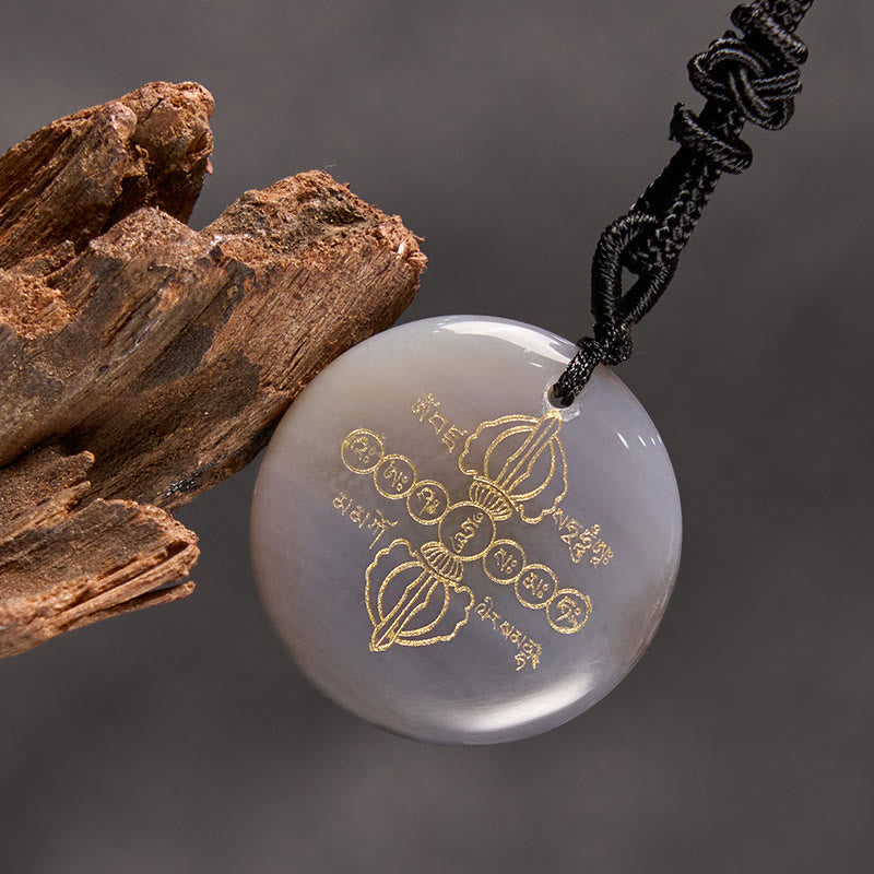 Vajra Dorje Sanskrit Pattern Natural Various Crystal Black Obsidian Fulfilment Necklace Pendant