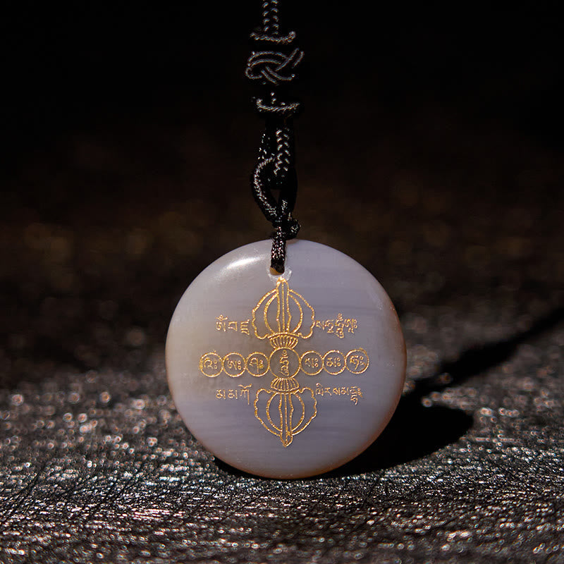 Vajra Dorje Sanskrit Pattern Natural Various Crystal Black Obsidian Fulfilment Necklace Pendant