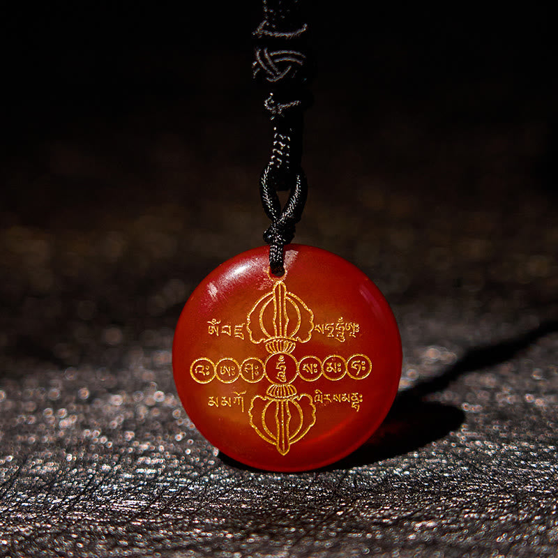 Vajra Dorje Sanskrit Pattern Natural Various Crystal Black Obsidian Fulfilment Necklace Pendant