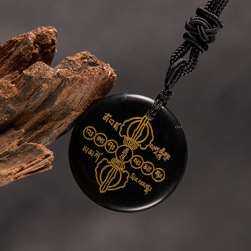Vajra Dorje Sanskrit Pattern Natural Various Crystal Black Obsidian Fulfilment Necklace Pendant