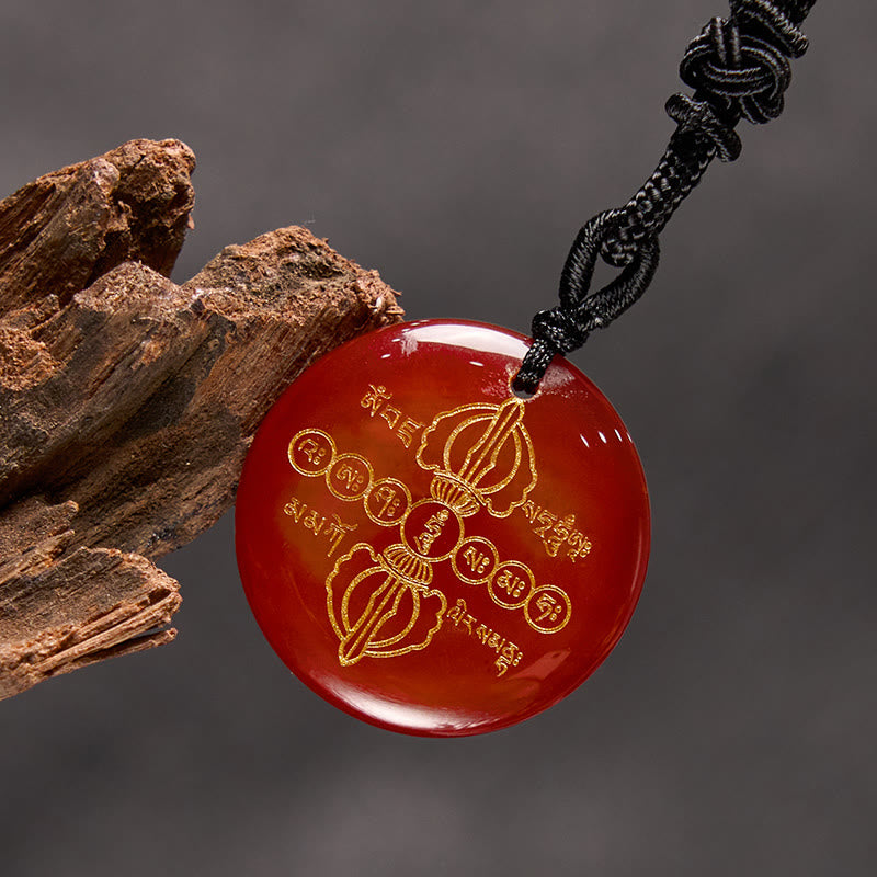 Vajra Dorje Sanskrit Pattern Natural Various Crystal Black Obsidian Fulfilment Necklace Pendant