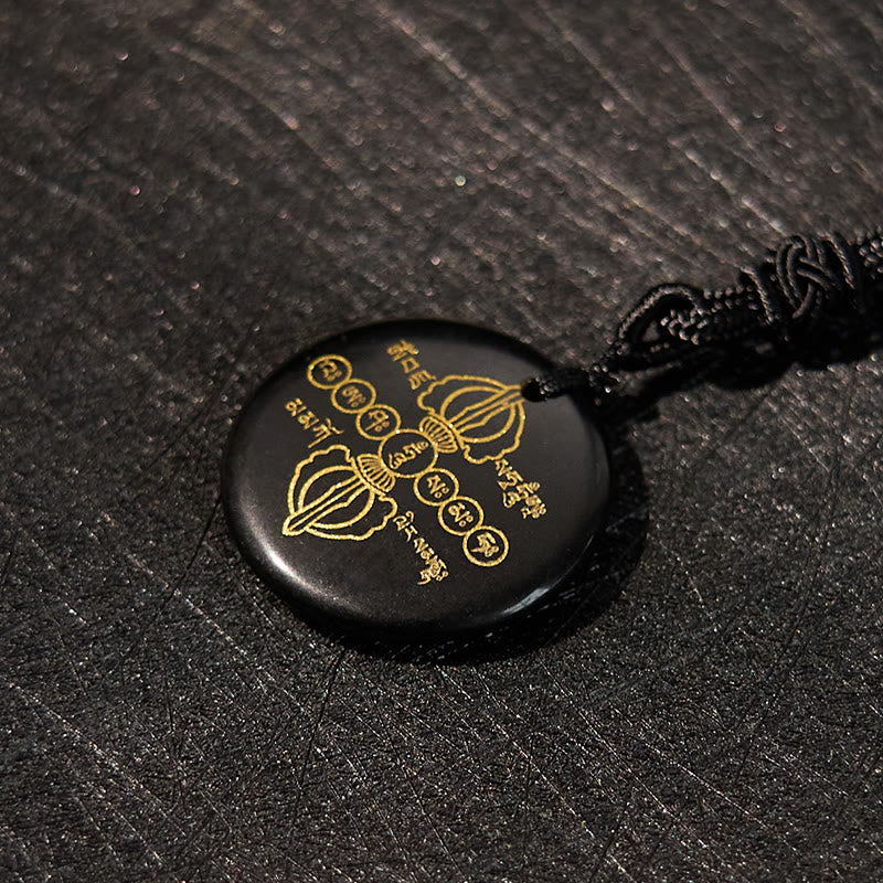 Vajra Dorje Sanskrit Pattern Natural Various Crystal Black Obsidian Fulfilment Necklace Pendant
