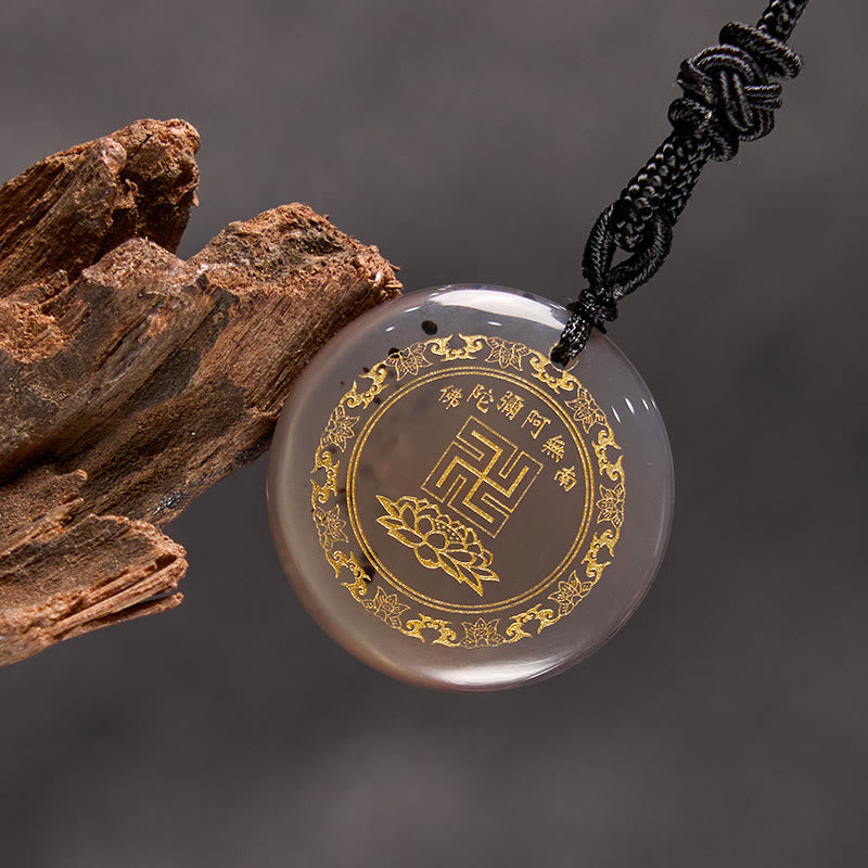 Swastika Lotus Pattern Natural Various Crystal Black Obsidian Purification Necklace Pendant