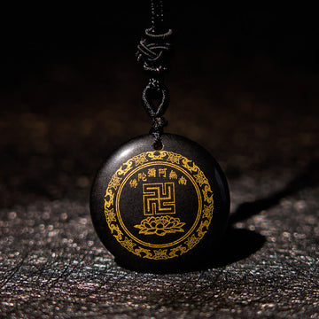Swastika Lotus Pattern Natural Various Crystal Black Obsidian Purification Necklace Pendant