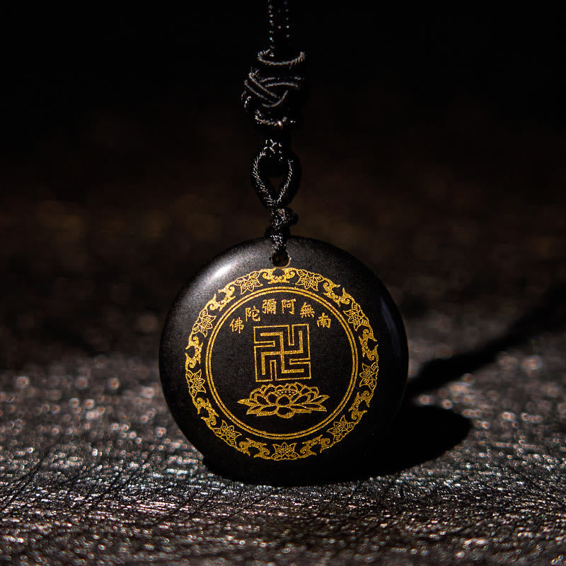 Swastika Lotus Pattern Natural Various Crystal Black Obsidian Purification Necklace Pendant