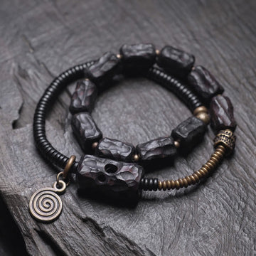 Geometric Ebony Wood and Copper Red Agate Double Wrap Bracelet