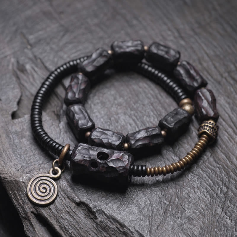 Geometric Ebony Wood and Copper Red Agate Double Wrap Bracelet