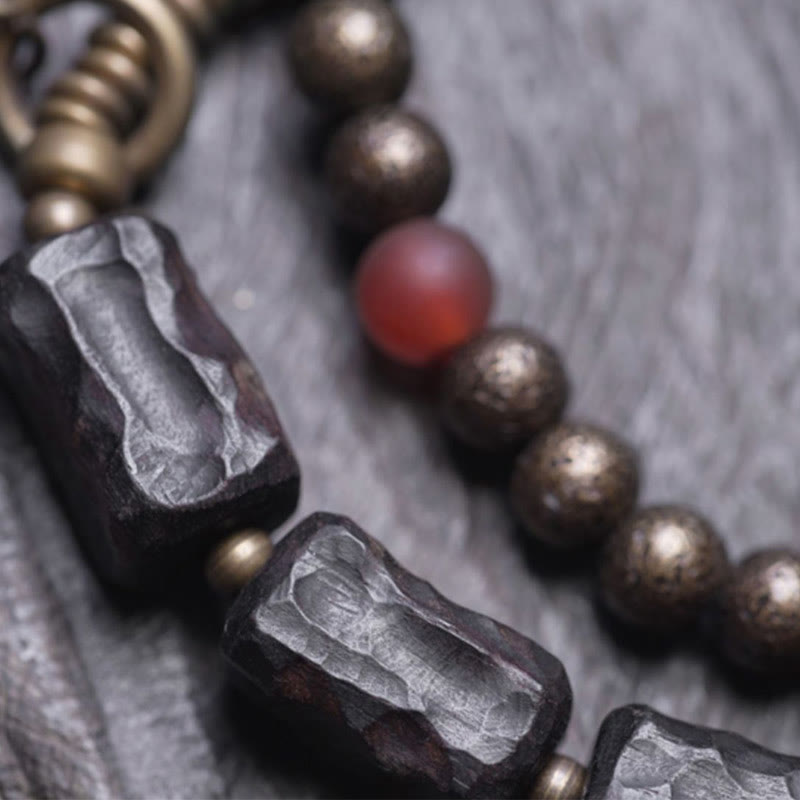 Geometric Ebony Wood and Copper Red Agate Double Wrap Bracelet
