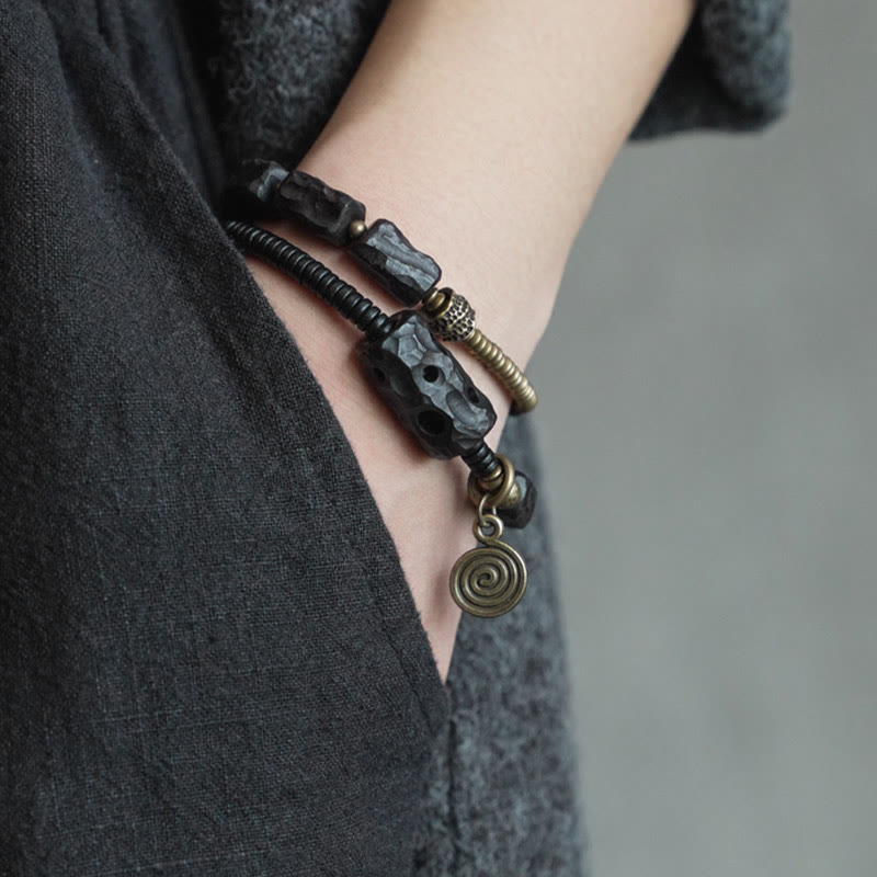 Geometric Ebony Wood and Copper Red Agate Double Wrap Bracelet