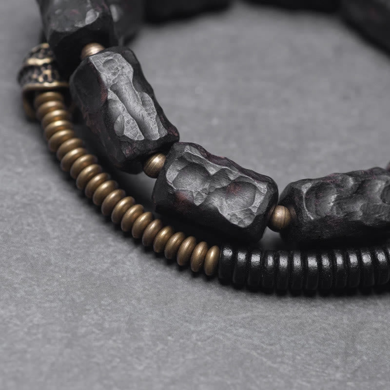 Geometric Ebony Wood and Copper Red Agate Double Wrap Bracelet
