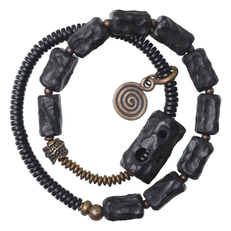 Geometric Ebony Wood and Copper Red Agate Double Wrap Bracelet