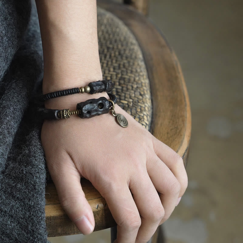 Geometric Ebony Wood and Copper Red Agate Double Wrap Bracelet